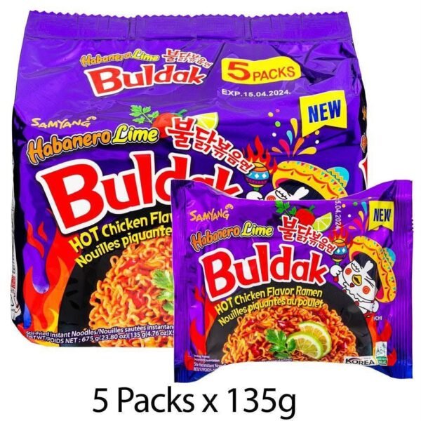 Samyang Korean Buldak Habanero Lime Hot Chicken Instant Ramen Noodle, 5 Bags